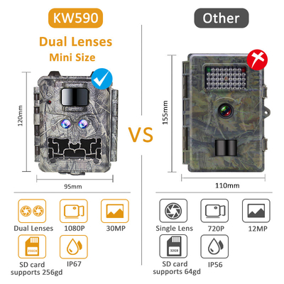 KW591 Câmera de caça ao ar livre sem brilho Dual sensor 1080P FHD Câmera de caça noturna viison CMOS dupla lente