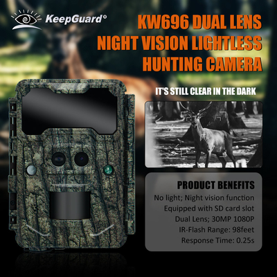 KW696 câmara de caça ao ar livre com dupla lente 30MP sem brilho câmara de trilha 1080p visão noturna 512G para