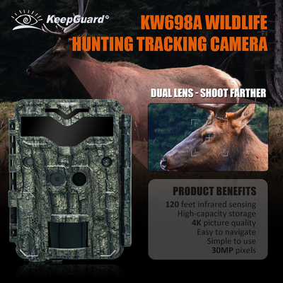 Câmera de caça KW698A de dupla lente 1080P 30MP impermeável IP67 até 512GB de armazenamento visão noturna 0,25s câmera de jogo de gatilho