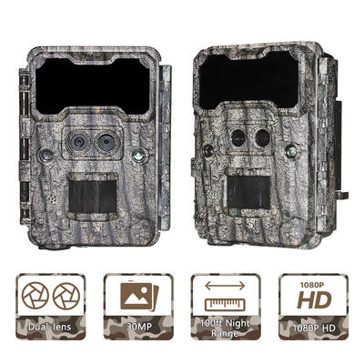 Câmera de caça ao ar livre KW696 de dupla lente 30MP à prova d'água IP67 visão noturna 1080p até 512GB de armazenamento câmera de trilha sem brilho