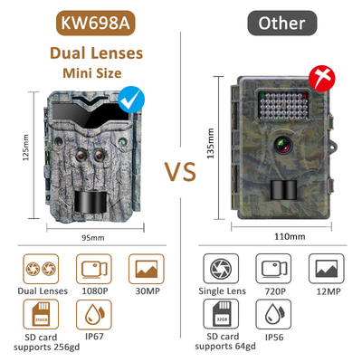 Câmera de caça KW698A de dupla lente 1080P 30MP impermeável IP67 até 512GB de armazenamento visão noturna 0,25s câmera de jogo de gatilho