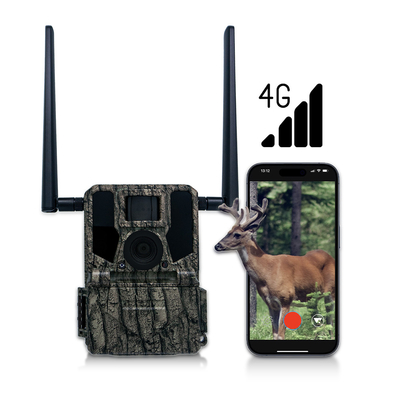 Câmeras de caça e trilha Painel solar 4G Câmera sem fio KW897 com duas antenas 100ft Night Range 36MP 2K vídeo a 30fps