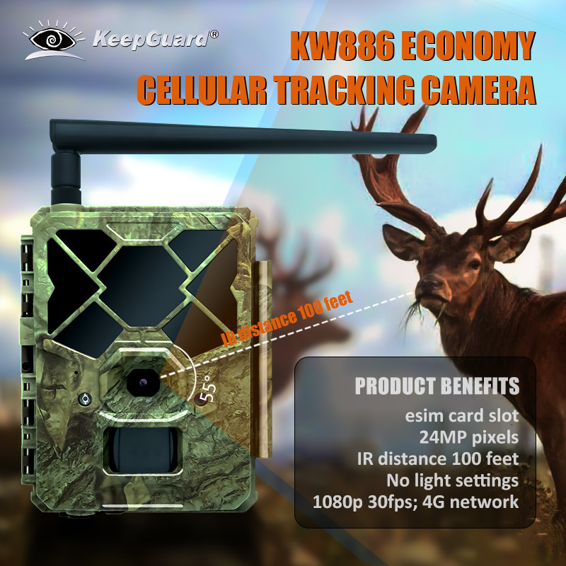 KW886 câmera de caça de trilhas florestais com controle APP 4G SIM card 24MP 1080P a 30fps à prova d'água IP67 visão noturna