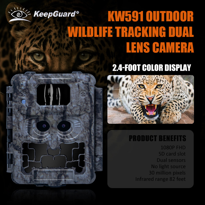 KW591 Câmera de caça ao ar livre sem brilho Dual sensor 1080P FHD Câmera de caça noturna viison CMOS dupla lente
