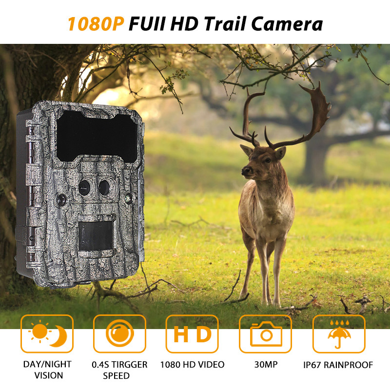 Câmera de caça ao ar livre KW696 de dupla lente 30MP à prova d'água IP67 visão noturna 1080p até 512GB de armazenamento câmera de trilha sem brilho
