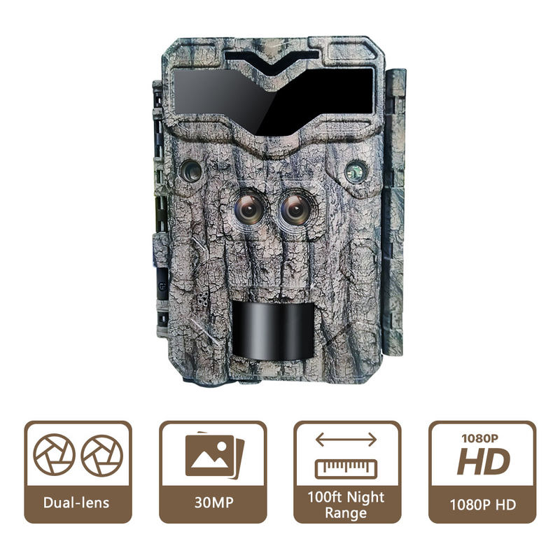 Câmera de caça KW698A de dupla lente 1080P 30MP impermeável IP67 até 512GB de armazenamento visão noturna 0,25s câmera de jogo de gatilho