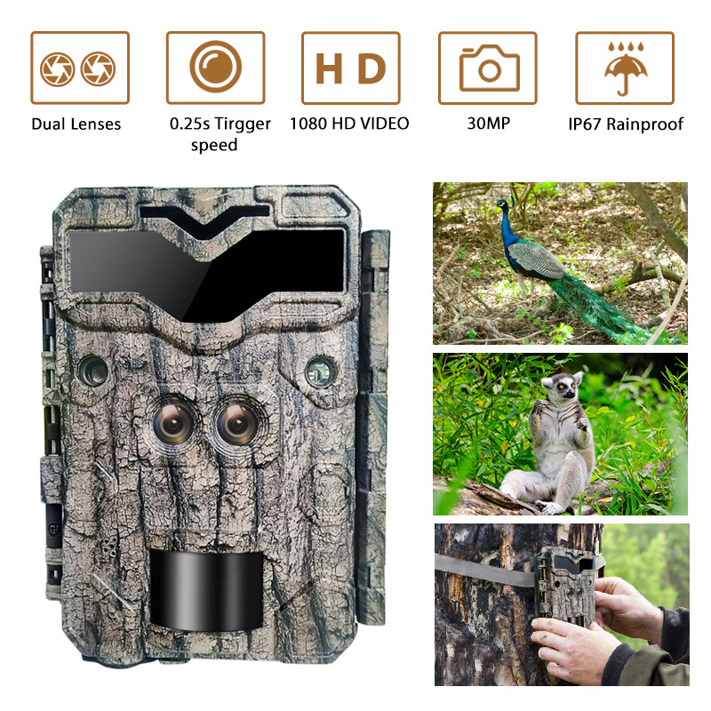 Câmera de caça de vigilância KW698A com dupla lente 1080P 30MP à prova d'água IP67 até 512GB visão noturna 0.25s gatilho