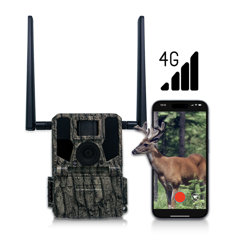 Câmeras de caça e trilha Painel solar 4G Câmera sem fio KW897 com duas antenas 100ft Night Range 36MP 2K vídeo a 30fps